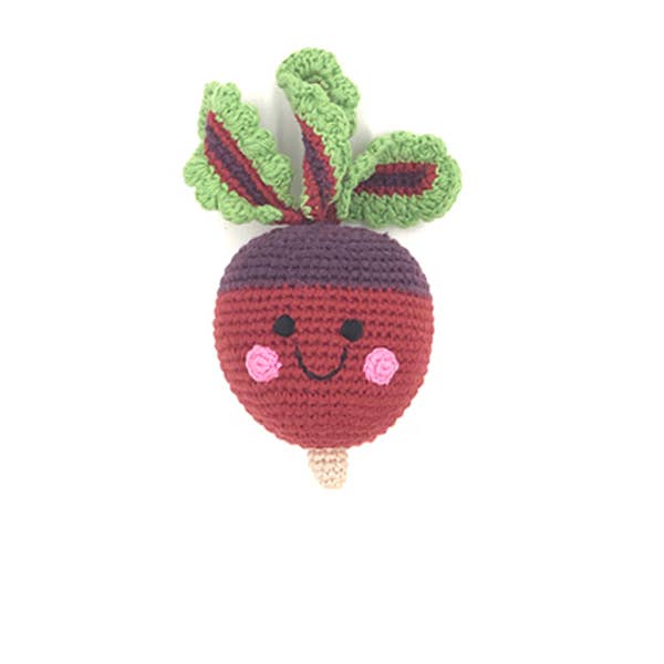 Crochet toy handmade fairtrade Friendly beetroot rattle