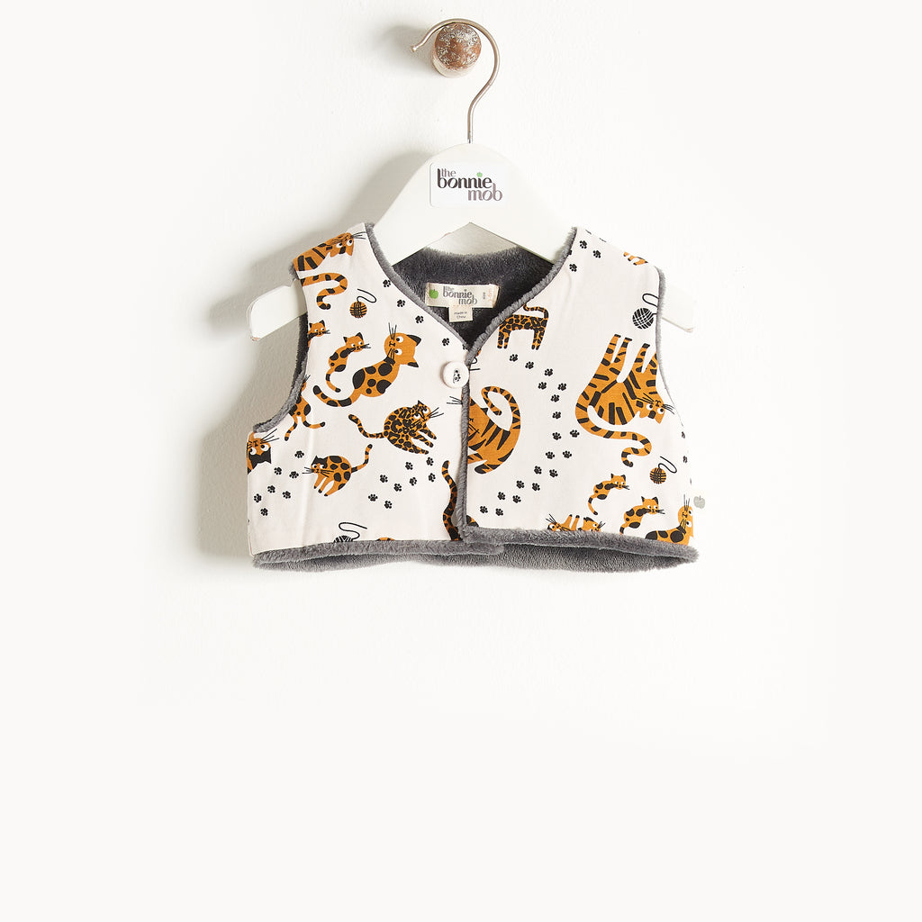 Bonnie Mob Reversible Baby Gilet Faux Fur Lined - Sand Cat Print