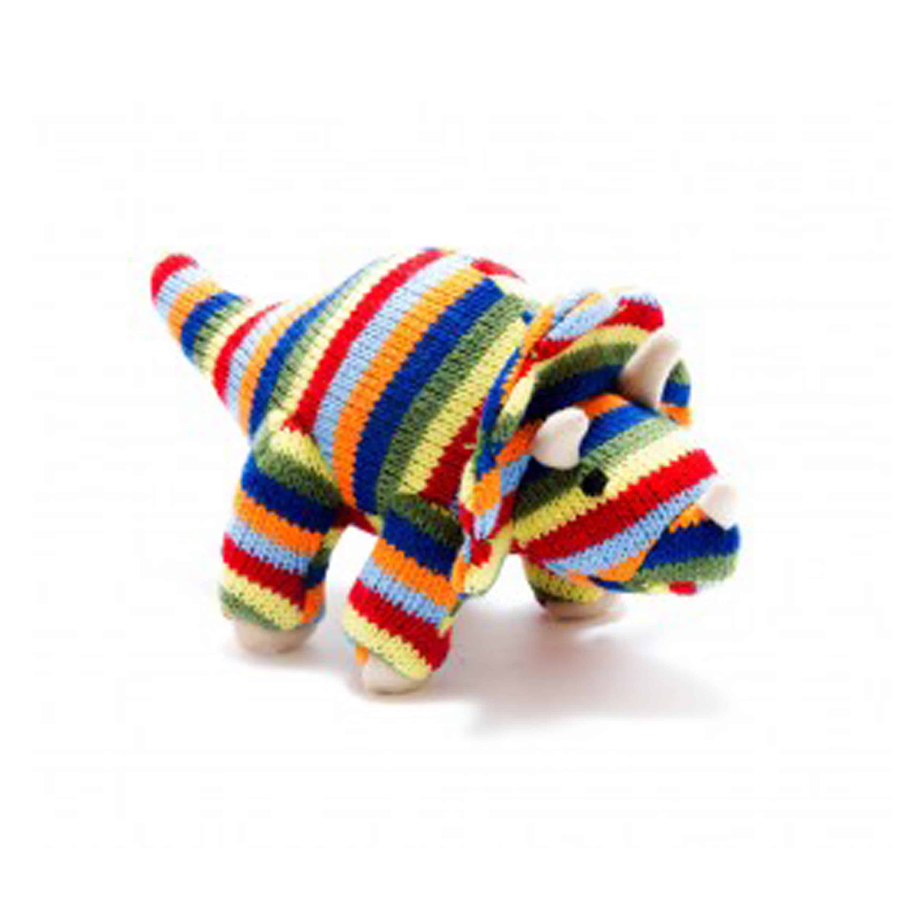 Knitted Small Rainbow Stripe Triceratops Rattle